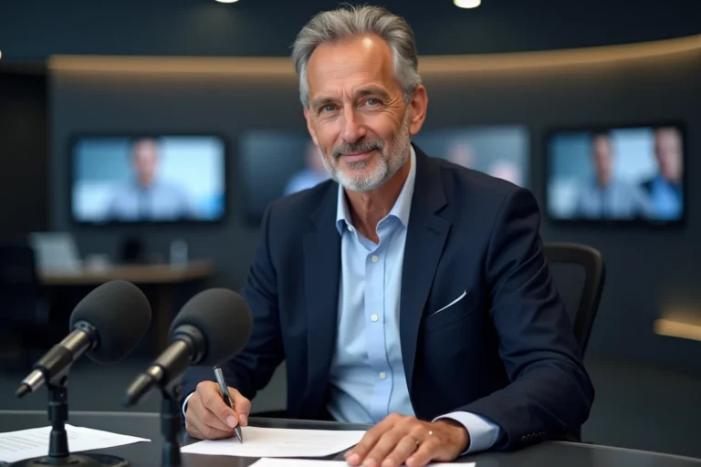 Chroniqueur médiatique français en costume sombre assis à un bureau de plateau télévisé, expression assurée et professionnelle