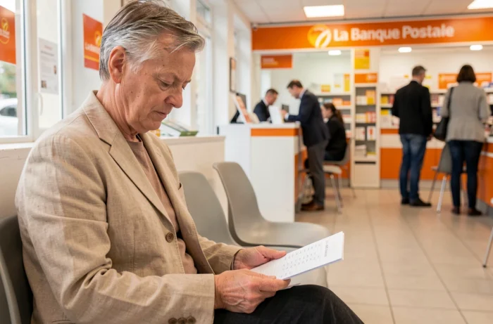 Client en agence La Banque Postale consultant un document pour retrouver son identifiant à 10 chiffres