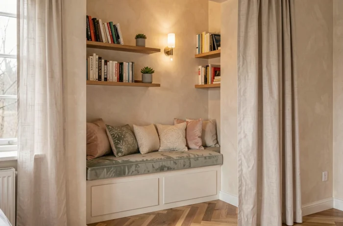 Coin lecture en niche dans une chambre avec banquette en velours sauge, étagères de livres et applique murale orientable