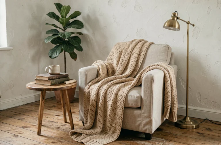 Coin salon douillet avec fauteuil en lin, plaid en laine tressée et table en bois rond dans un intérieur scandinave chaleureux
