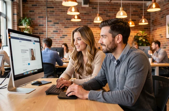 Deux collègues consultant ensemble le site Albrad sur un écran d'ordinateur dans un espace de coworking