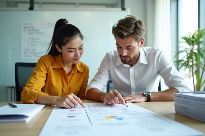 Deux collègues analysant ensemble un plan de site imprimé pour choisir une formation dans une salle de réunion