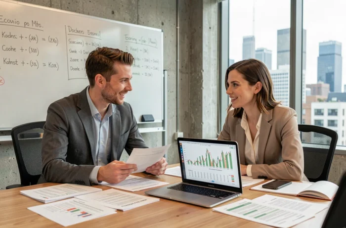 Deux collègues discutant de stratégies d'optimisation financière autour de rapports et graphiques dans une salle de réunion moderne
