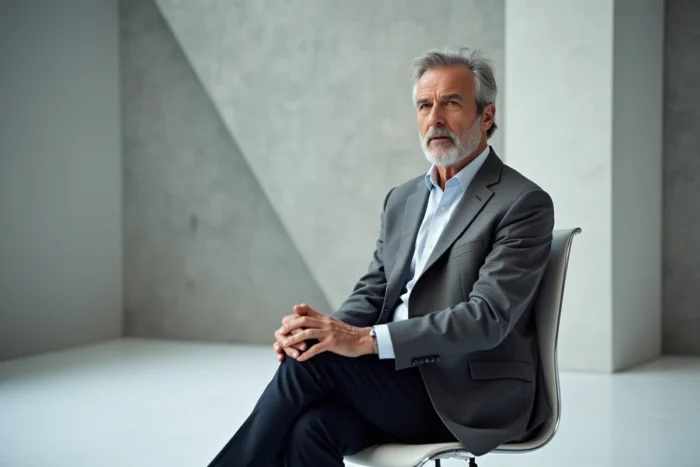 Commentateur politique français en blazer gris assis en studio lors d'une interview, portrait éditorial professionnel