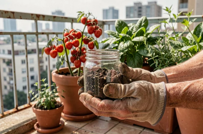 Mains tenant un bocal de compost fait maison devant un potager biologique en pots sur un balcon urbain