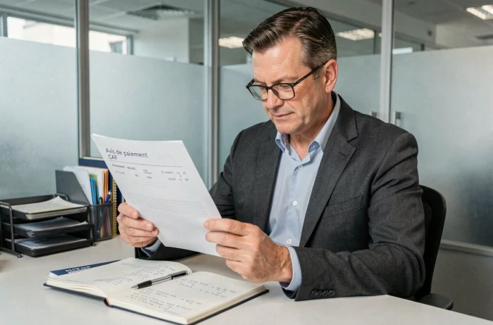 Comptable analysant un avis de paiement CAF retourné dans un bureau professionnel