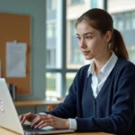 Jeune femme connectée à l'intranet MFR sur un ordinateur portable dans une salle de formation
