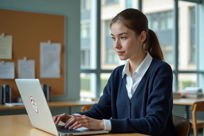 Jeune femme connectée à l'intranet MFR sur un ordinateur portable dans une salle de formation