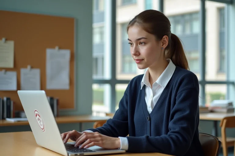 Jeune femme connectée à l'intranet MFR sur un ordinateur portable dans une salle de formation