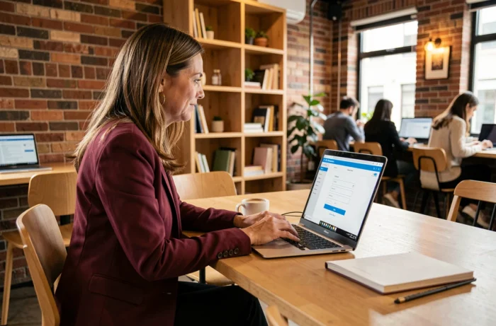 Agente de la ville travaillant à distance et se connectant au portail IntraParis nomade depuis un espace de coworking