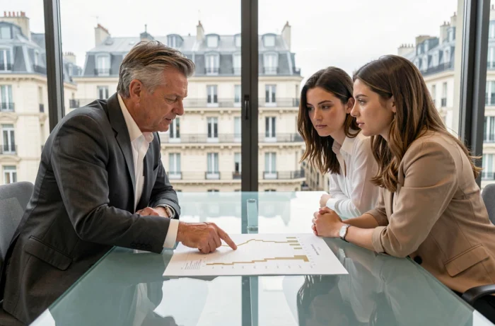 Conseiller immobilier expliquant les pièges de la prolongation Pinel à un couple investisseur en agence