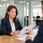 Femme professionnelle en réunion avec un conseiller bancaire dans une agence moderne pour choisir ses services bancaires