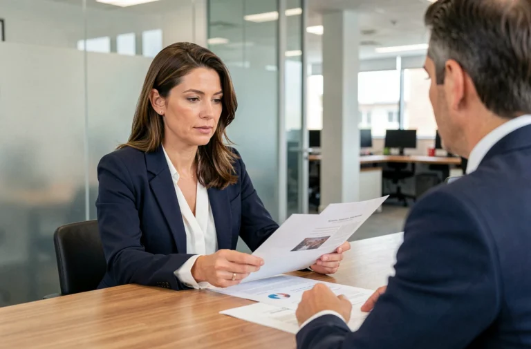 Femme professionnelle en réunion avec un conseiller bancaire dans une agence moderne pour choisir ses services bancaires