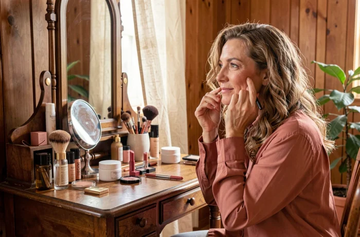 Femme mature se maquillant devant une coiffeuse en bois avec des produits de beauté variés