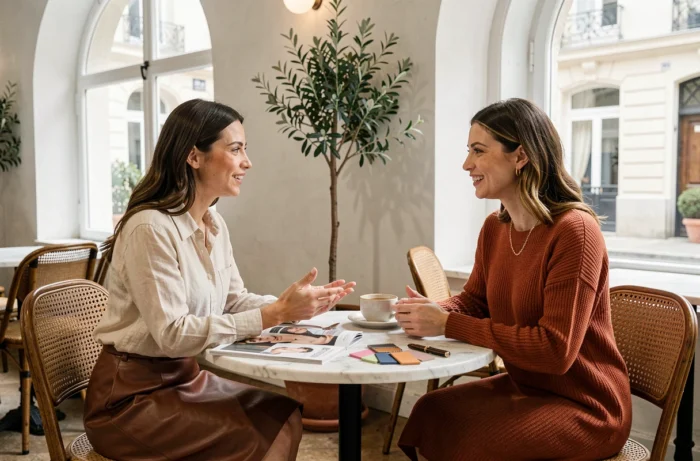 Deux femmes élégamment habillées discutant de tendances mode autour de magazines dans un café parisien au décor vintage et chaleureux