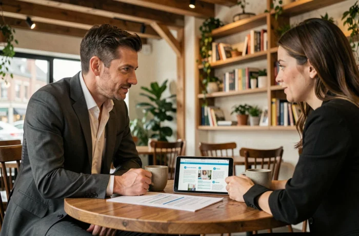 Consultant et entrepreneur discutant de services personnalisés pour booster la croissance d'une PME dans un café