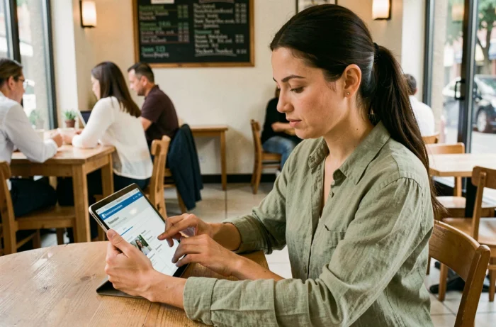 Jeune auto-entrepreneuse consultant le site Club Auto-Entrepreneurs sur tablette dans un café urbain