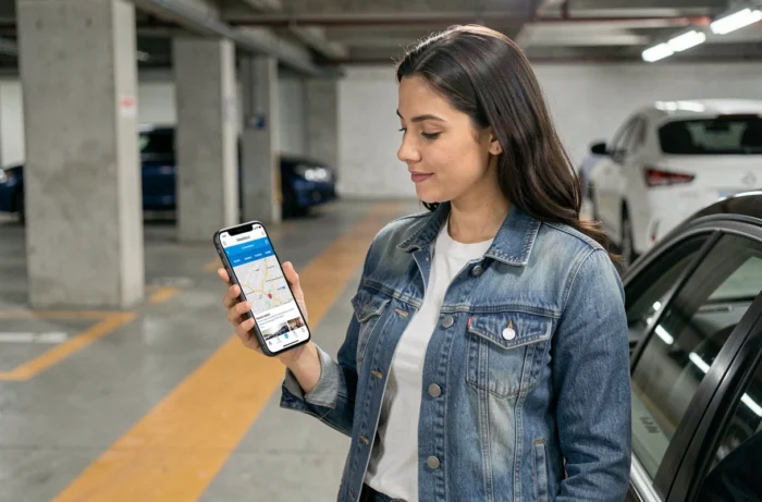 Femme consultant le sitemap d'un blog automobile sur smartphone dans un parking urbain