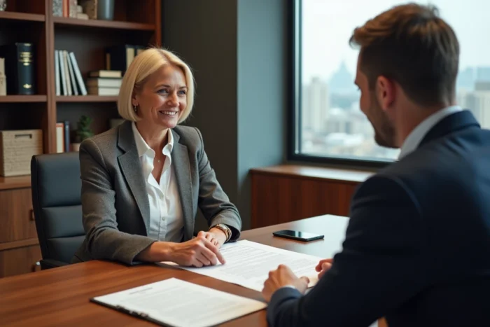 Agent immobilier expliquant un contrat de location à un couple de propriétaires dans un bureau professionnel