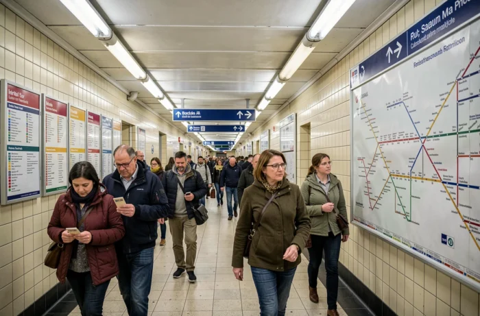 Couloir d'une station de correspondance parisienne avec des voyageurs consultant les plans de lignes de bus et de métro