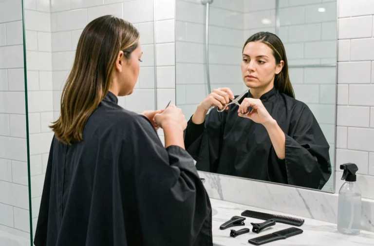 Femme se coupant les cheveux seule dans une salle de bain moderne avec des ciseaux professionnels et une cape de coiffure