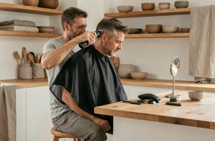 Homme utilisant une tondeuse professionnelle pour se couper les cheveux à la maison dans une cuisine minimaliste