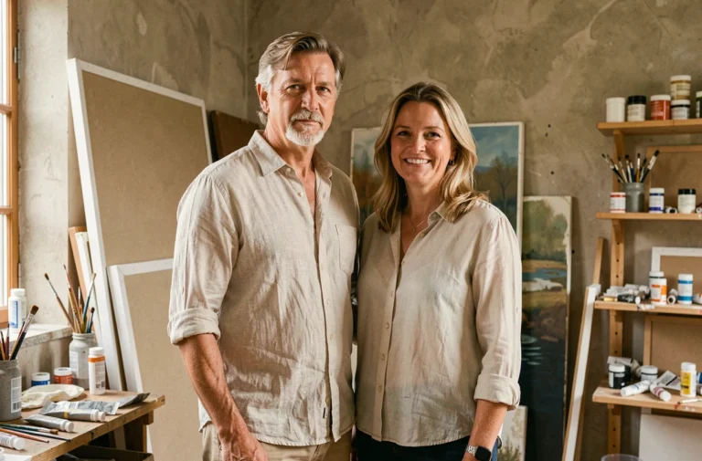 Couple d'artistes dans un atelier de peinture entouré de toiles et de pinceaux