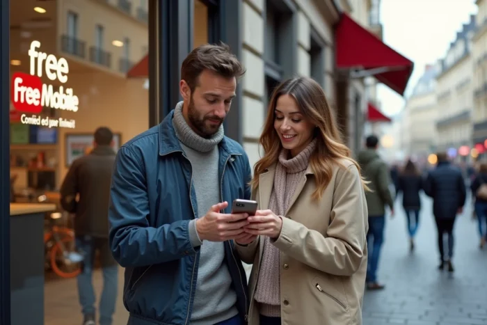 Un couple consulte leur téléphone devant une boutique Free Mobile en ville, cherchant à comprendre les nouveaux forfaits et changements de facturation