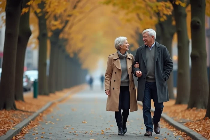 Couple mature marchant ensemble dans une avenue arborée d'automne, évoquant la vie privée et la complicité d'un couple emblématique