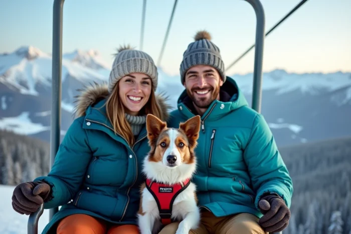 Couple en télésiège avec border collie en harnais rouge sécurisé à la barre de sécurité sur fond de panorama alpin