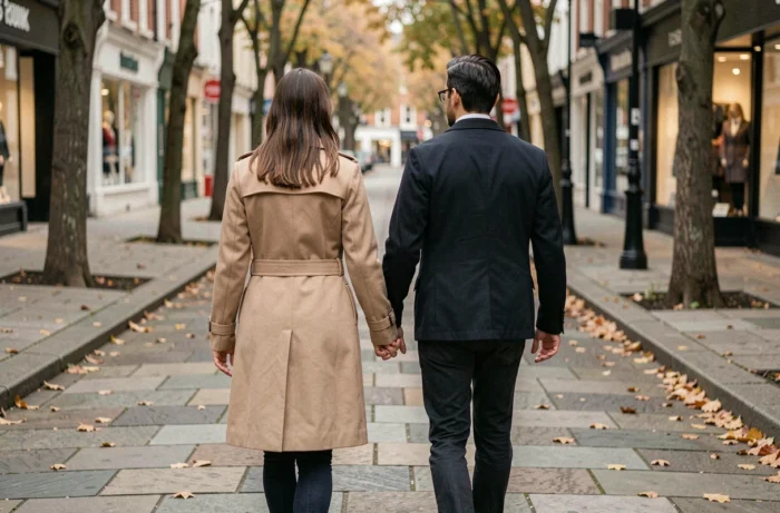 Un couple se promenant discrètement dans une rue parisienne pavée en automne, illustrant la préservation de leur vie privée