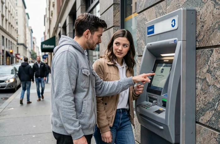 Jeune couple utilisant un distributeur automatique de billets en ville pour gérer leurs services bancaires essentiels