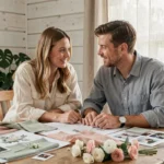 Couple planifiant le thème de leur mariage autour d'un tableau d'inspiration avec des échantillons de tissus et des photos polaroid