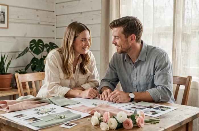Couple planifiant le thème de leur mariage autour d'un tableau d'inspiration avec des échantillons de tissus et des photos polaroid
