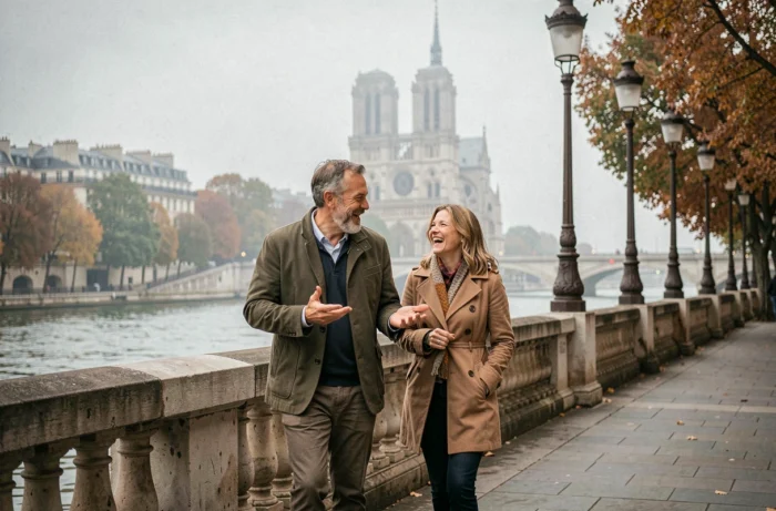 Couple se promenant sur les quais de la Seine à Paris en automne