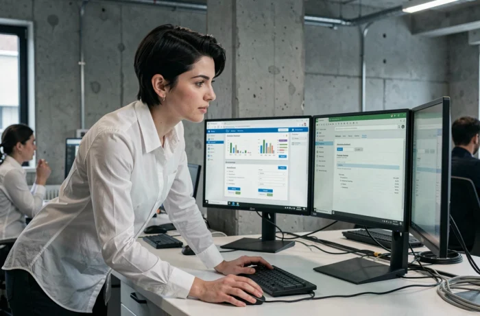 Femme professionnelle gérant des paramètres de cybersécurité sur un double écran dans un bureau moderne en open space