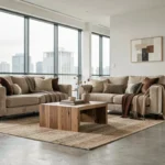 Salon moderne et élégant avec canapé en velours, table basse géométrique et accents en bois naturel dans un appartement spacieux