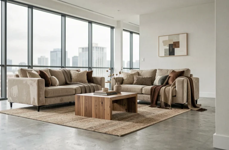 Salon moderne et élégant avec canapé en velours, table basse géométrique et accents en bois naturel dans un appartement spacieux