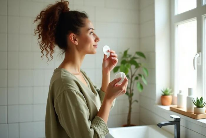 Jeune femme utilisant un coton démaquillant devant son lavabo entouré de produits de soin naturels et écologiques