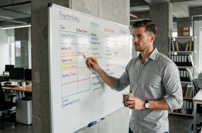 Indépendant masculin planifiant ses tâches commerciales sur un tableau blanc dans un espace de coworking moderne