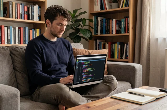 Un développeur web consulte la structure d'un sitemap XML sur son ordinateur portable depuis son bureau à domicile