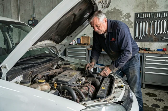 Mécanicien utilisant un scanner de diagnostic sur le moteur d'une voiture d'occasion dans un garage indépendant