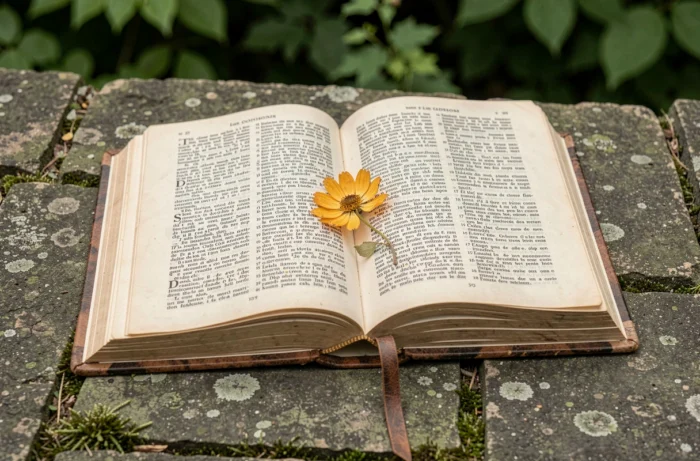 Dictionnaire français ouvert sur des adjectifs commençant par S, posé sur une surface en pierre avec une fleur séchée