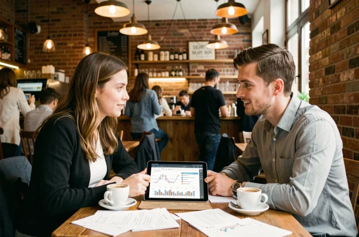 Deux collègues discutant d'une stratégie d'épargne et d'investissement autour d'une tablette dans un café urbain