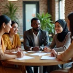 Groupe de personnes de cultures différentes réunies autour d'une table dans un espace de travail moderne, illustrant la diversité culturelle en milieu professionnel