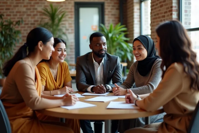 Groupe de personnes de cultures différentes réunies autour d'une table dans un espace de travail moderne, illustrant la diversité culturelle en milieu professionnel
