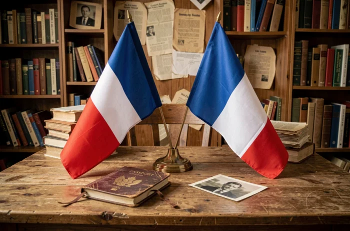 Mise en scène symbolique de deux drapeaux nationaux et d'un passeport sur une table en bois, représentant la double origine culturelle et la nationalité d'un sportif franco-africain