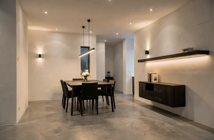 Intérieur élégant avec éclairage architectural à sources multiples : suspension, spots encastrés, applique murale et bandeau LED