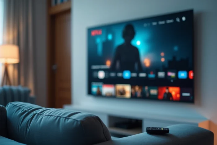 Écran de télévision connectée affichant une interface de plateforme de streaming dans un salon moderne