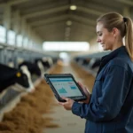 Éleveuse laitière consultant un tableau de bord numérique sur tablette dans une étable moderne pour gérer son troupeau